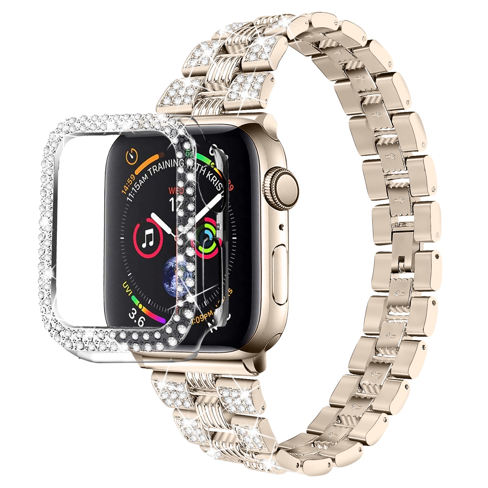 For Apple Watch Series 7 45mm 2-in-1 Design Stainless Steel Rhinestone Thread Watch Strap + Anti-drop Hard PC Watch Case For Apple Watch Series 7 45mm 2-in-1 Design Stainless Steel Rhinestone Thread Watch Strap + Anti-drop Hard PC Watch Case